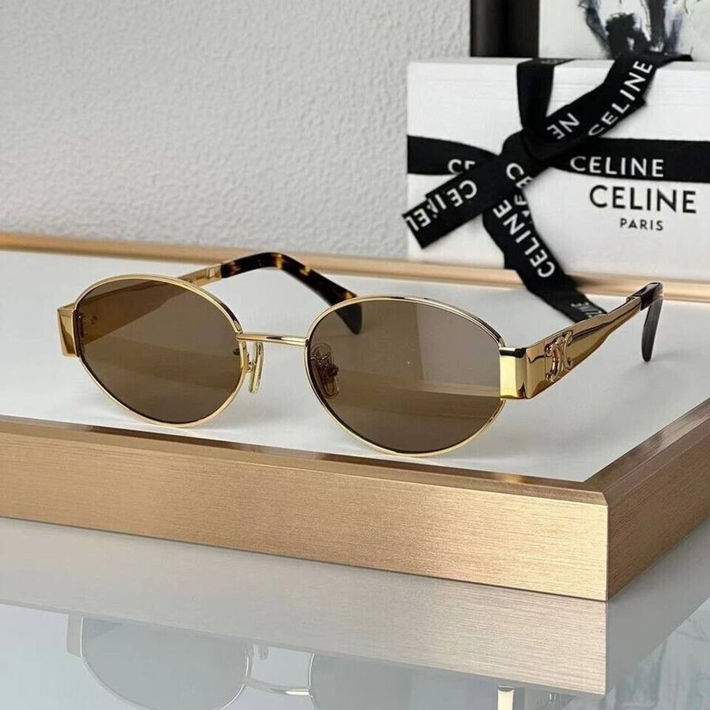 Céline Triomphe oval frame gold acetate lenses brown CL40235U- sunglasses NWT